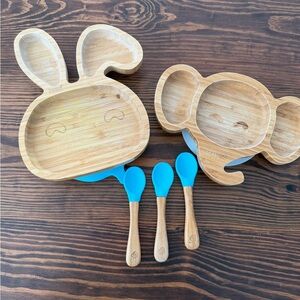 BAMBOO Animal Plates and Spoons Set - Natural and Blue